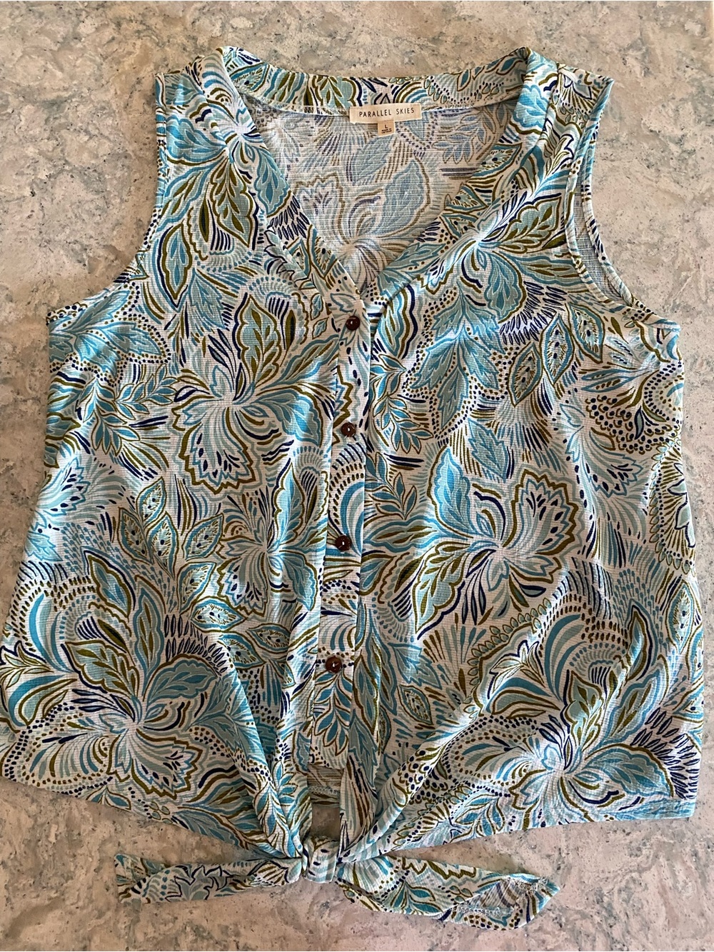 Parallel Skies Blue Floral Tie-Front Sleeveless Top size L
